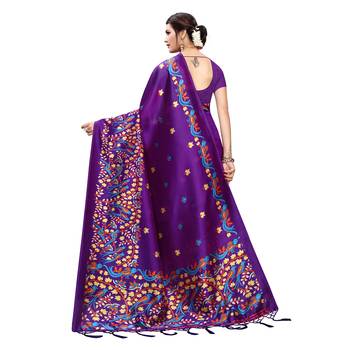 Purple printed art silk saree with blouse 4