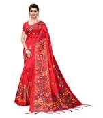 Red printed art silk saree with blouse