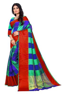 Blue woven cotton silk saree with blouse 5