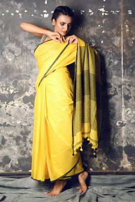 Yellow woven cotton saree with blouse 1