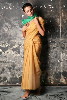Yellow woven silk blend saree with blouse 1
