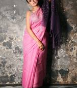 Pink woven silk blend saree with blouse