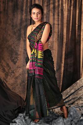 Black hand woven blended cotton saree 1