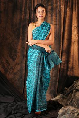 Sky blue hand woven blended cotton saree 1