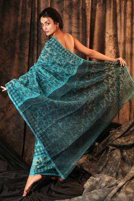 Sky blue hand woven blended cotton saree 2