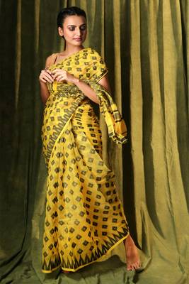 Yellow hand woven blended cotton saree 1