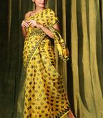 Yellow hand woven blended cotton saree