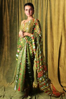 Olive hand woven blended cotton saree 1