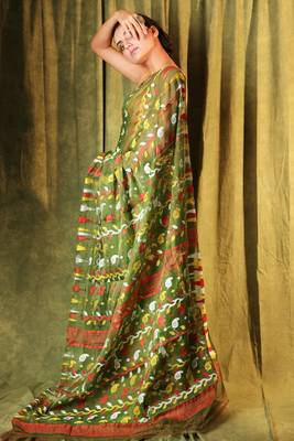 Olive hand woven blended cotton saree 2