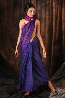Navy blue hand woven blended cotton saree 1