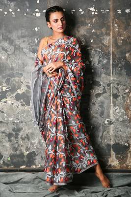 Grey hand woven blended cotton saree 1