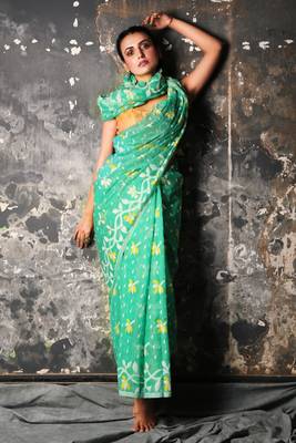 Sea green hand woven blended cotton saree 1