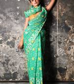 Sea green hand woven blended cotton saree