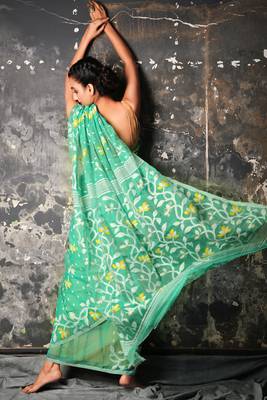Sea green hand woven blended cotton saree 2