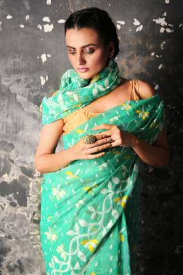 Sea green hand woven blended cotton saree 3