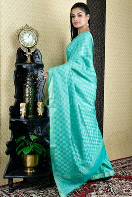 Cyan woven blended cotton saree with blouse 2