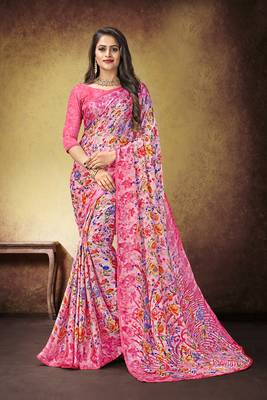 Pink Printed Satin Saree With Blouse 1