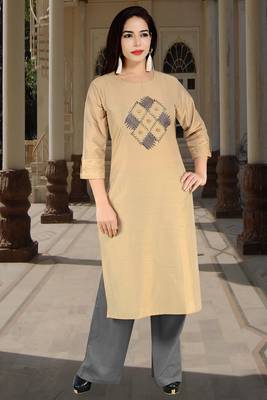 Beige Embroidered Silk Silk Kurtis 1