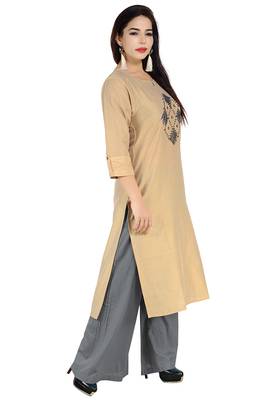 Beige Embroidered Silk Silk Kurtis 4