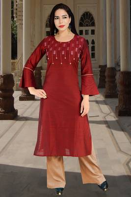 Maroon Embroidered Silk Silk Kurtis 1