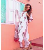 White Mughlai Handblock Suit With Chiffon Dupatta