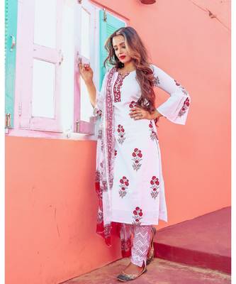 White Mughlai Handblock Suit With Chiffon Dupatta 3