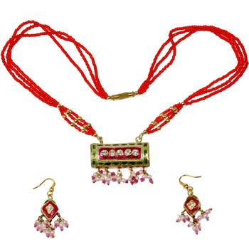 Designer Meenakari Red Green Lacquer Necklace Set 1