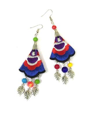 Women Traditional Silver Plated Oxidised Lightweight Multi-Color Embroidery Floral & Leaf Beads Hook Earrings Jewellery 2