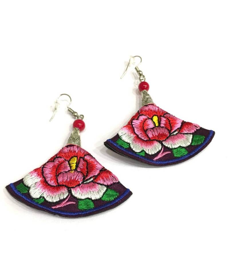 Women Traditional Silver Plated Oxidised Lightweight Multi-Color Embroidery Floral And Beads Hook Earrings Jewellery