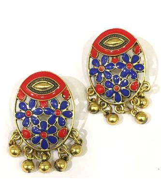 Women Traditional Jewellery Gold Plated Oxidised Alloy Stud Earrings Red Floral Enamel Work Ghungroo Earrings 1