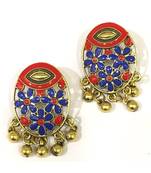 Women Traditional Jewellery Gold Plated Oxidised Alloy Stud Earrings Red Floral Enamel Work Ghungroo Earrings