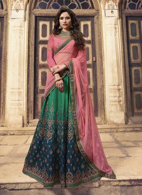 Green Heavy Zari Resham Embroidery Semi-Stitch Ethnic Lehenga 1