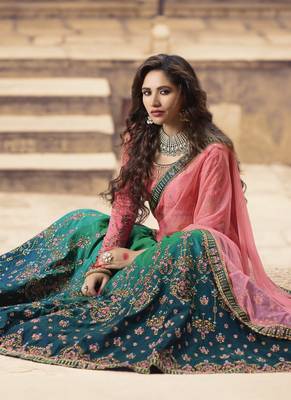Green Heavy Zari Resham Embroidery Semi-Stitch Ethnic Lehenga 3
