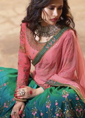 Green Heavy Zari Resham Embroidery Semi-Stitch Ethnic Lehenga 4