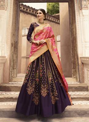 Wine Color Tafeta Silk Heavy Embroidery With Zari Work Semi-Stitch Lehenga And Double Combination Of Dupatta 1