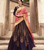 Wine Color Tafeta Silk Heavy Embroidery With Zari Work Semi-Stitch Lehenga And Double Combination Of Dupatta