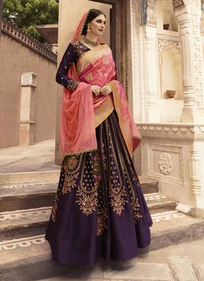 Wine Color Tafeta Silk Heavy Embroidery With Zari Work Semi-Stitch Lehenga And Double Combination Of Dupatta 2