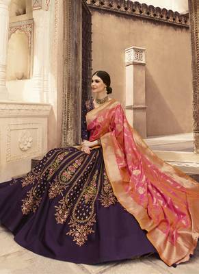Wine Color Tafeta Silk Heavy Embroidery With Zari Work Semi-Stitch Lehenga And Double Combination Of Dupatta 3