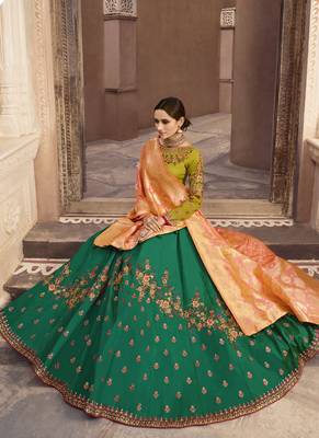Green Color Tafeta Silk Heavy Embroidery With Zari Work Semi-Stitch Lehenga And Double Combination Of Dupatta 2
