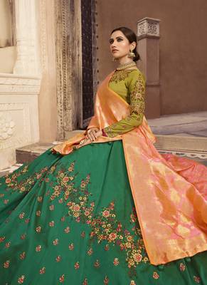 Green Color Tafeta Silk Heavy Embroidery With Zari Work Semi-Stitch Lehenga And Double Combination Of Dupatta 3