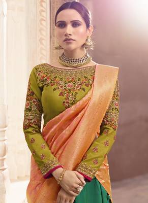Green Color Tafeta Silk Heavy Embroidery With Zari Work Semi-Stitch Lehenga And Double Combination Of Dupatta 4
