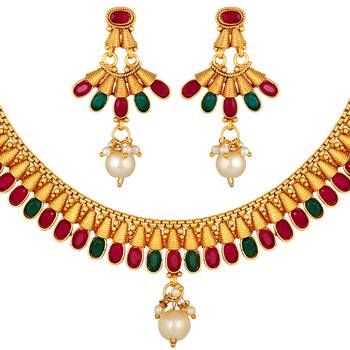 Attractive Gold Plated Multi Colour Choker Style Necklace Set For Women 2