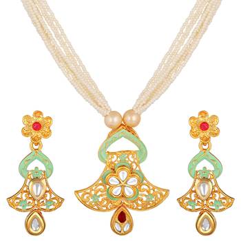 Stylish Gold Plated Matinee Style Kundan And Beads Necklace Set For Women 2