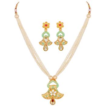 Stylish Gold Plated Matinee Style Kundan And Beads Necklace Set For Women 3