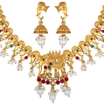 Traditional Gold Plated Elephant Design Choker Style Necklace Set For Women 2