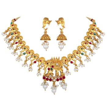 Traditional Gold Plated Elephant Design Choker Style Necklace Set For Women 3