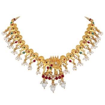 Traditional Gold Plated Elephant Design Choker Style Necklace Set For Women 4