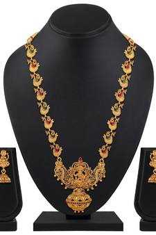 Wedding Wear Opera Style Gold Plated Temple Necklace Set For Women