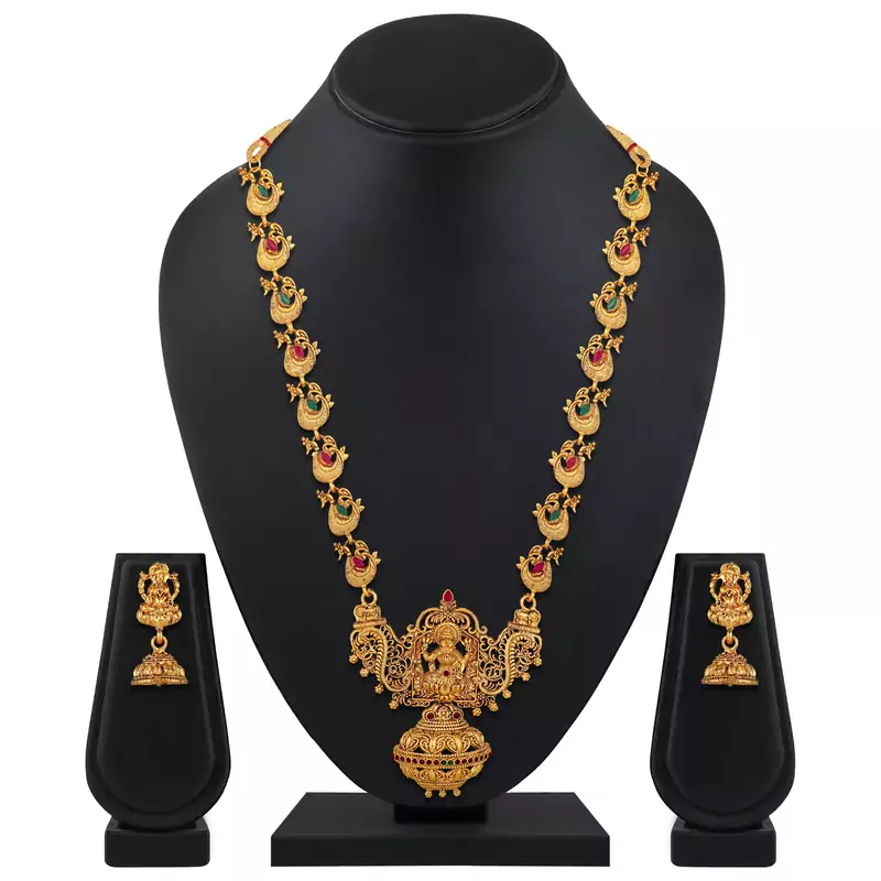 Wedding Wear Opera Style Gold Plated Temple Necklace Set For Women