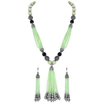 Party Wear Silver Plated Opera Style Green Beads Necklace Set For Women 1